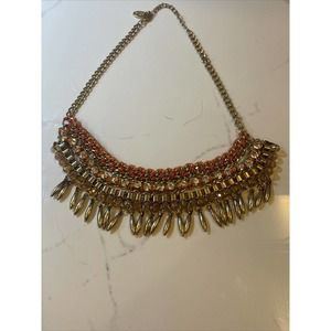 Cara New York Rhinestone Leather And Bead Statement Bib Necklace Gold Tone 20"